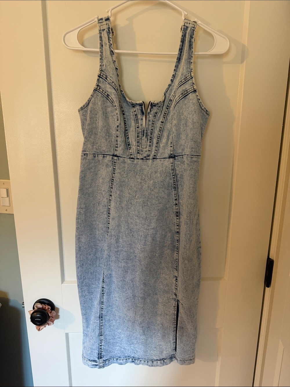 Amazon Light Blue Acid Wash Denim Midi Dress with Front Zip